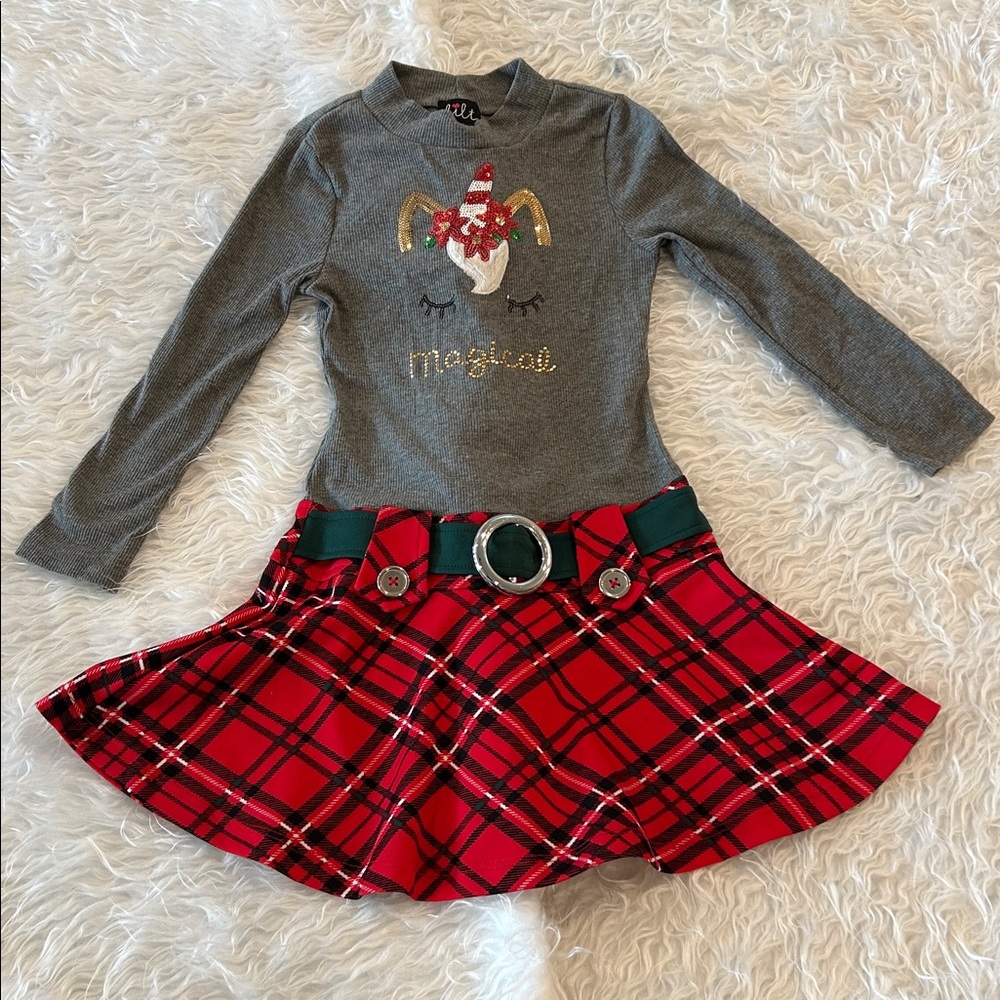 Holiday Unicorn Dress with Drop Waist Plaid Bottom Crew Neck Red/Gray Size 6